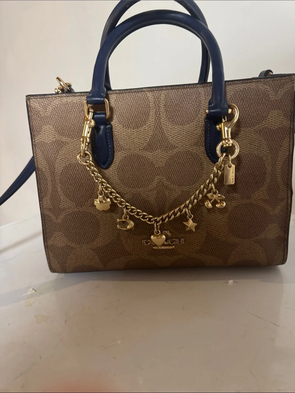 Coach Maggie tote Signature Satchel with Navy Trim and Gold Charm Chain